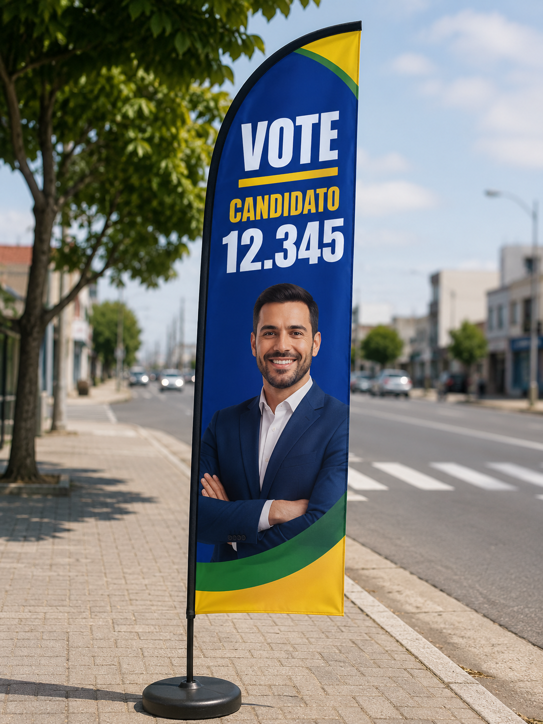 Wind Banner de candidato instalado na rua durante campanha política